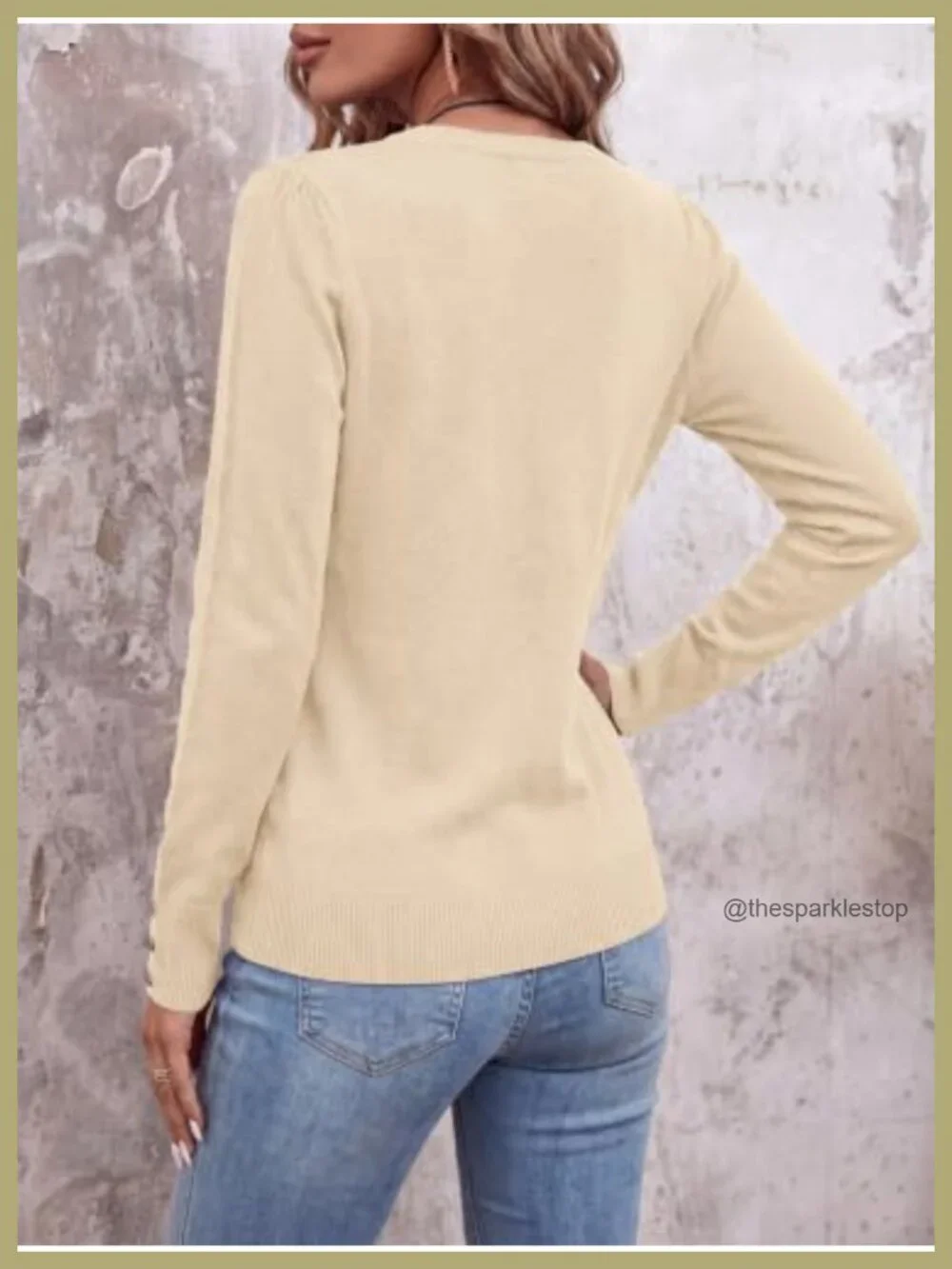 Lightweight Long Sleeve Knit Pullover Sweater with Button Cuffs Puff Shoulder